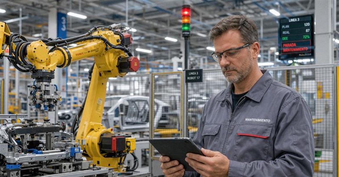 Tecnico delante de equipo averiado con tablet, reduciendo tiempo de parada con soporte digital